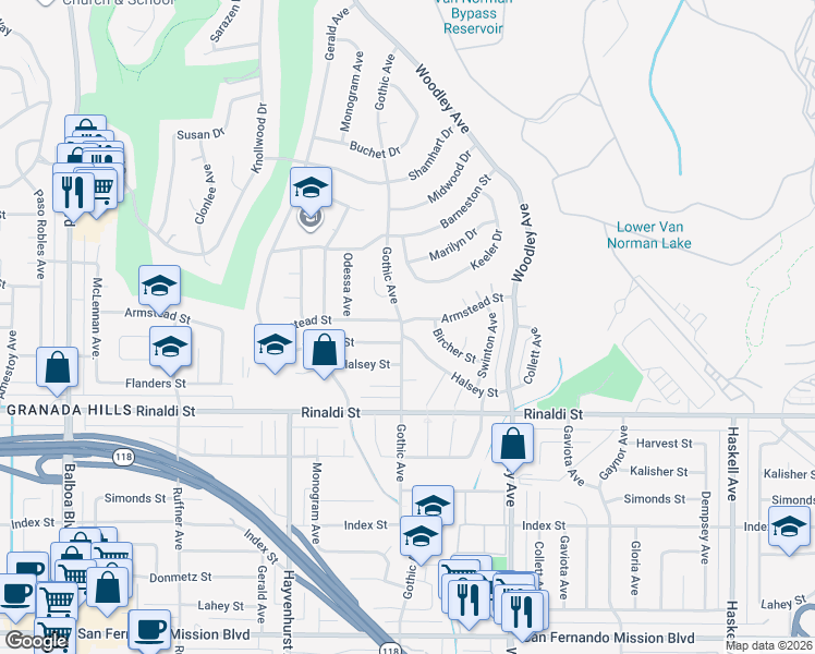 map of restaurants, bars, coffee shops, grocery stores, and more near 16415 Armstead Street in Los Angeles