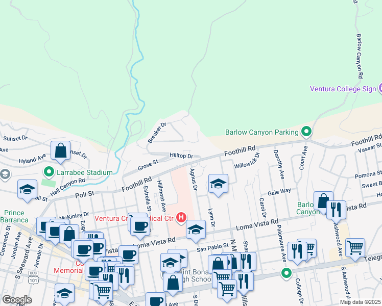map of restaurants, bars, coffee shops, grocery stores, and more near 3272 Island View Drive in Ventura