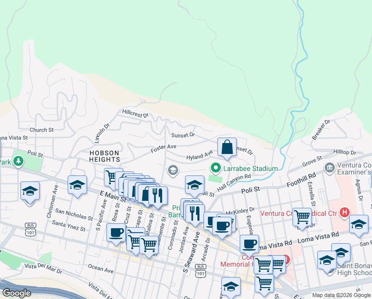 map of restaurants, bars, coffee shops, grocery stores, and more near 2165 Foster Avenue in Ventura