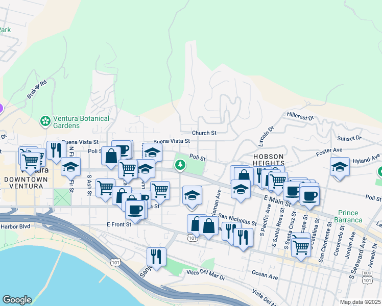 map of restaurants, bars, coffee shops, grocery stores, and more near 1358 Buena Vista Street in Ventura