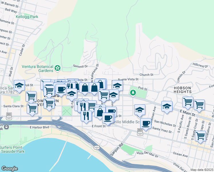 map of restaurants, bars, coffee shops, grocery stores, and more near 1066 Buena Vista Street in Ventura