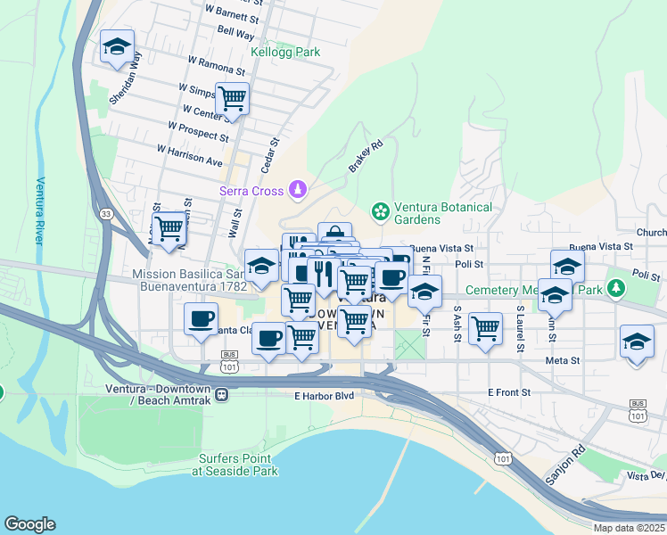 map of restaurants, bars, coffee shops, grocery stores, and more near 371 Poli Street in Ventura