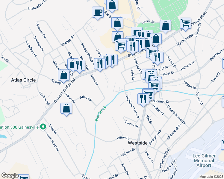 map of restaurants, bars, coffee shops, grocery stores, and more near 1618 Lyman Street in Gainesville