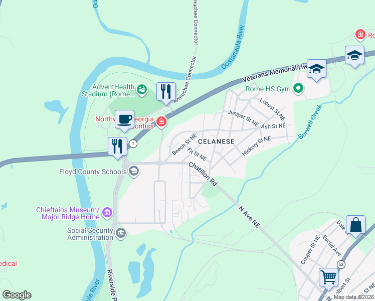 map of restaurants, bars, coffee shops, grocery stores, and more near 10 Beech Street Northeast in Rome
