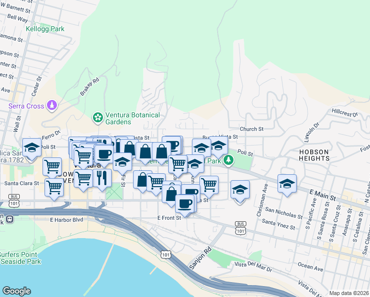 map of restaurants, bars, coffee shops, grocery stores, and more near 1060 Poli Street in Ventura