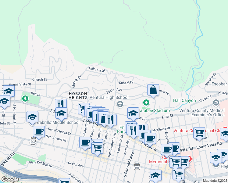 map of restaurants, bars, coffee shops, grocery stores, and more near 325 North Catalina Street in Ventura