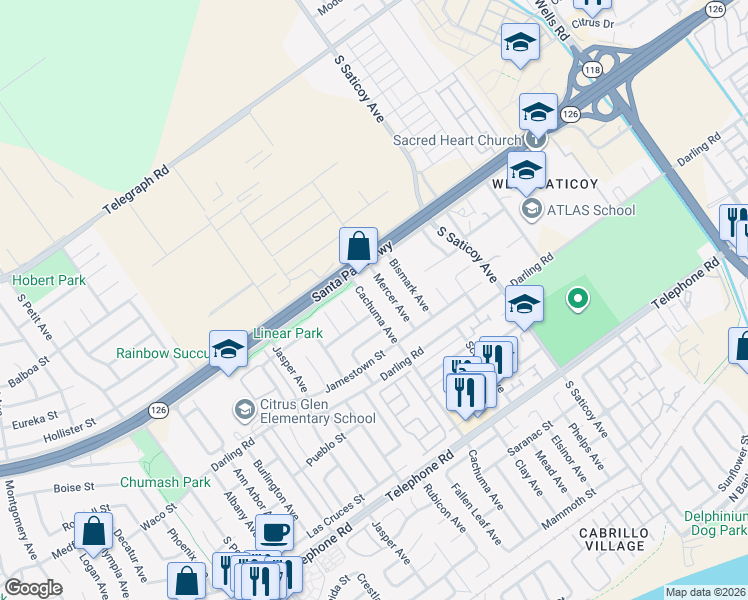 map of restaurants, bars, coffee shops, grocery stores, and more near 647 Mercer Avenue in Ventura