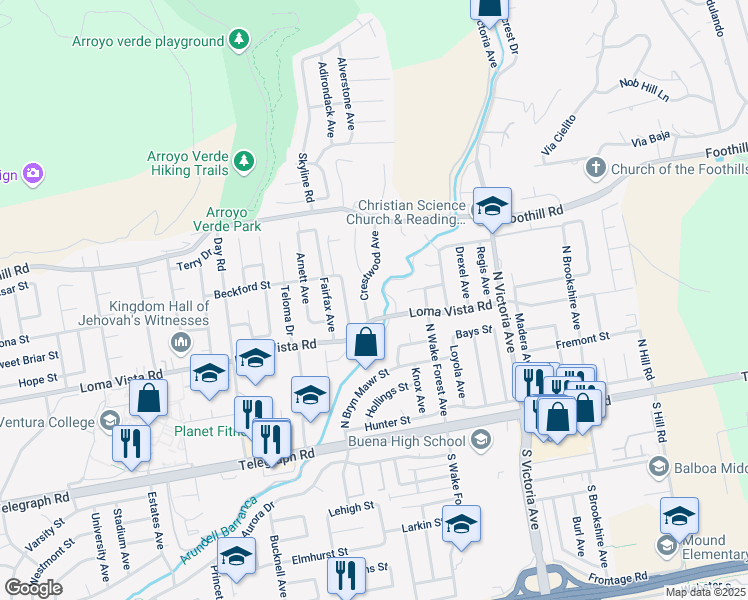 map of restaurants, bars, coffee shops, grocery stores, and more near 246 Crestwood Avenue in Ventura