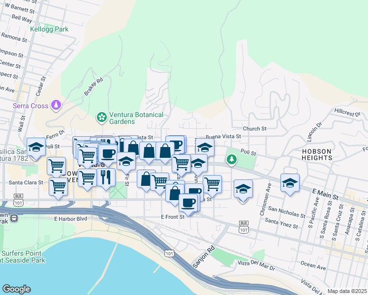 map of restaurants, bars, coffee shops, grocery stores, and more near 1010 Poli Street in Ventura