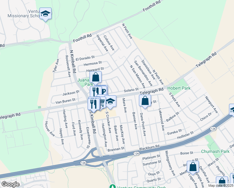 map of restaurants, bars, coffee shops, grocery stores, and more near 8004 Solano Street in Ventura