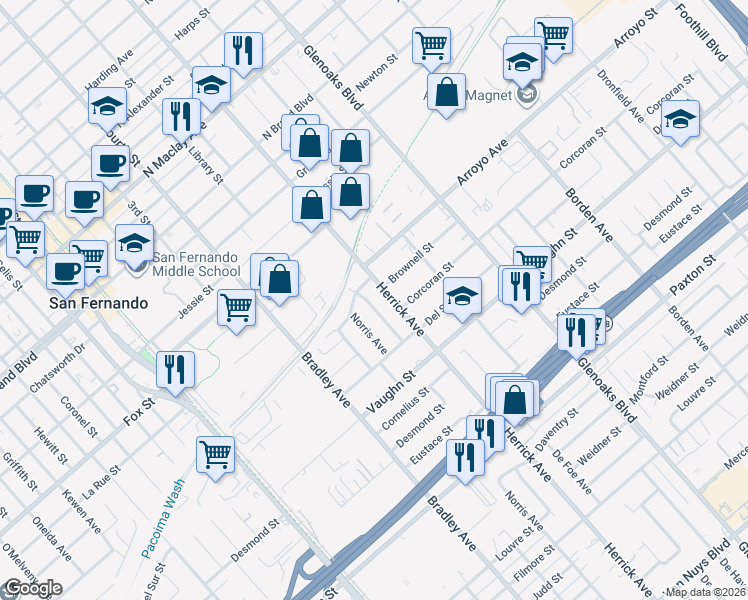 map of restaurants, bars, coffee shops, grocery stores, and more near 11644 Woodcock Avenue in San Fernando