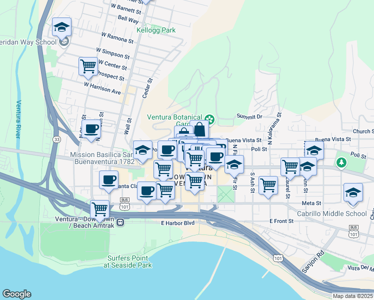 map of restaurants, bars, coffee shops, grocery stores, and more near in Ventura