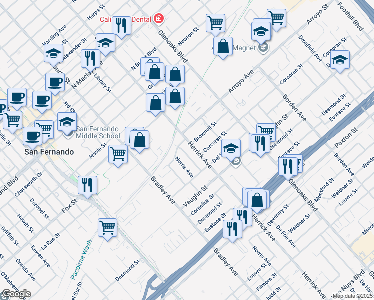 map of restaurants, bars, coffee shops, grocery stores, and more near 11644 Woodcock Avenue in San Fernando