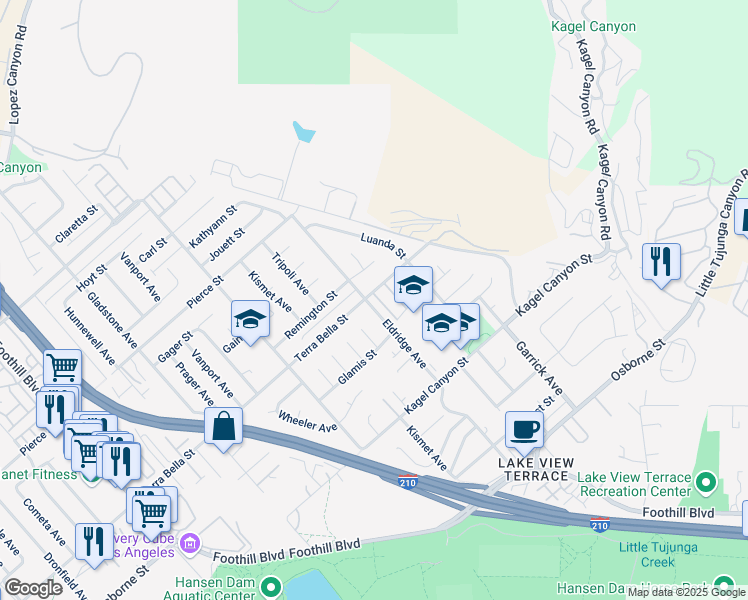 map of restaurants, bars, coffee shops, grocery stores, and more near 11670 Eldridge Avenue in Los Angeles