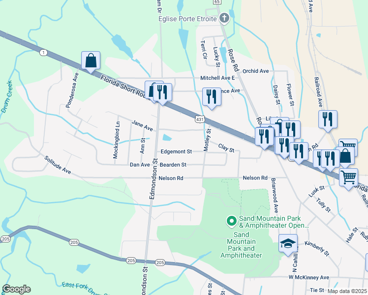 map of restaurants, bars, coffee shops, grocery stores, and more near 700 Motley Street in Albertville