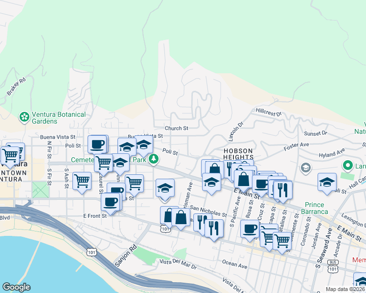 map of restaurants, bars, coffee shops, grocery stores, and more near 149 Rincon Street in Ventura