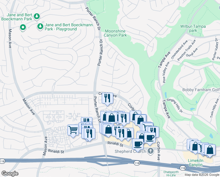 map of restaurants, bars, coffee shops, grocery stores, and more near 19900 Mariposa Creek Way in Los Angeles