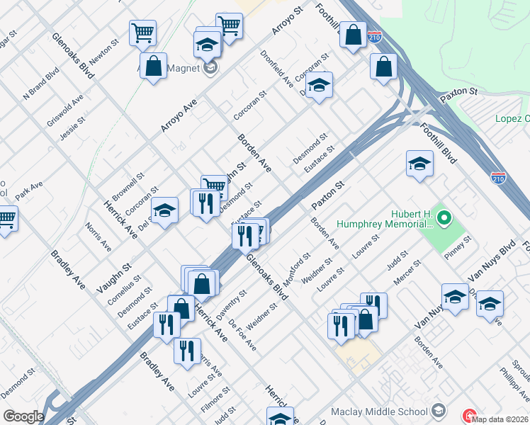 map of restaurants, bars, coffee shops, grocery stores, and more near 11602 Fellows Avenue in Los Angeles