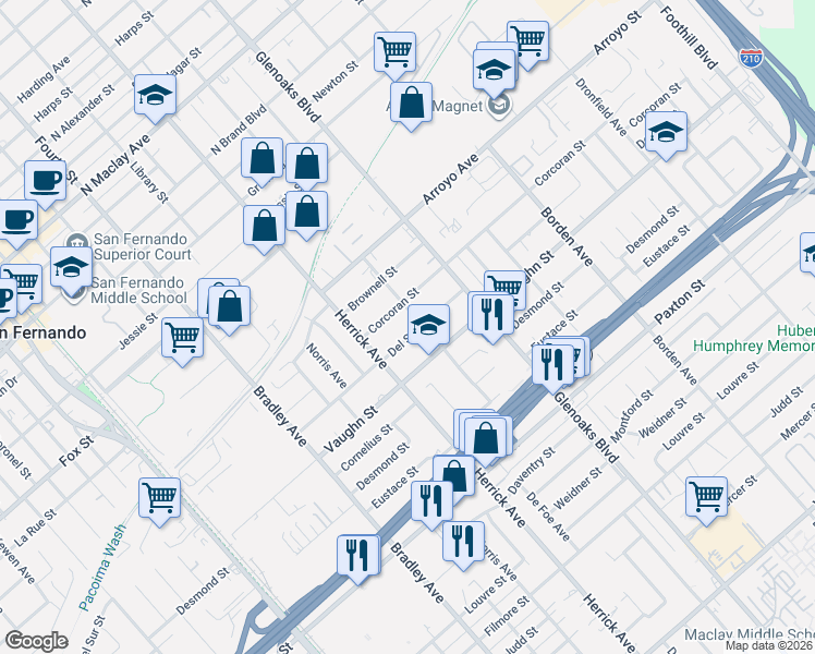 map of restaurants, bars, coffee shops, grocery stores, and more near 13317 Del Sur Street in San Fernando