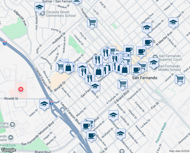map of restaurants, bars, coffee shops, grocery stores, and more near 1236 Hewitt Street in San Fernando