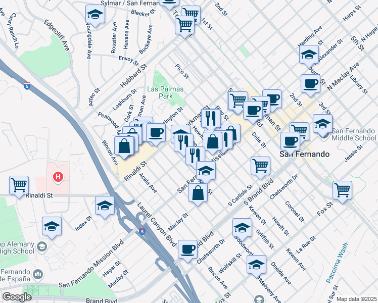 map of restaurants, bars, coffee shops, grocery stores, and more near 1315 Griffith Street in San Fernando
