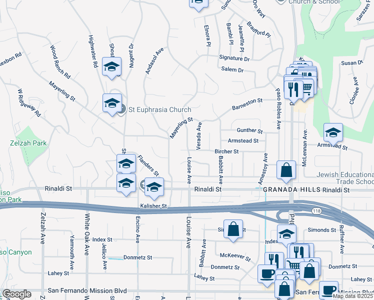 map of restaurants, bars, coffee shops, grocery stores, and more near 11643 Verada Avenue in Los Angeles