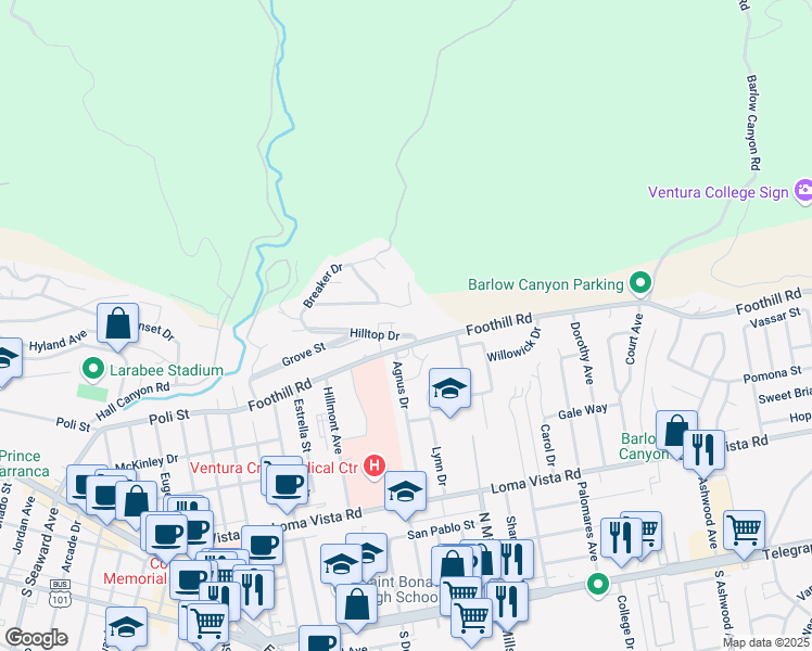 map of restaurants, bars, coffee shops, grocery stores, and more near 3272 Island View Drive in Ventura