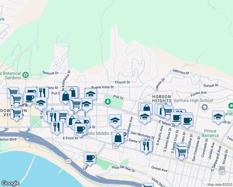 map of restaurants, bars, coffee shops, grocery stores, and more near 1358 Buena Vista Street in Ventura