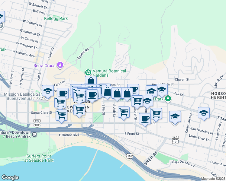 map of restaurants, bars, coffee shops, grocery stores, and more near 765 Poli Street in Ventura