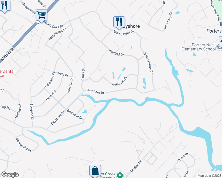 map of restaurants, bars, coffee shops, grocery stores, and more near 520 Belhaven Drive in Wilmington