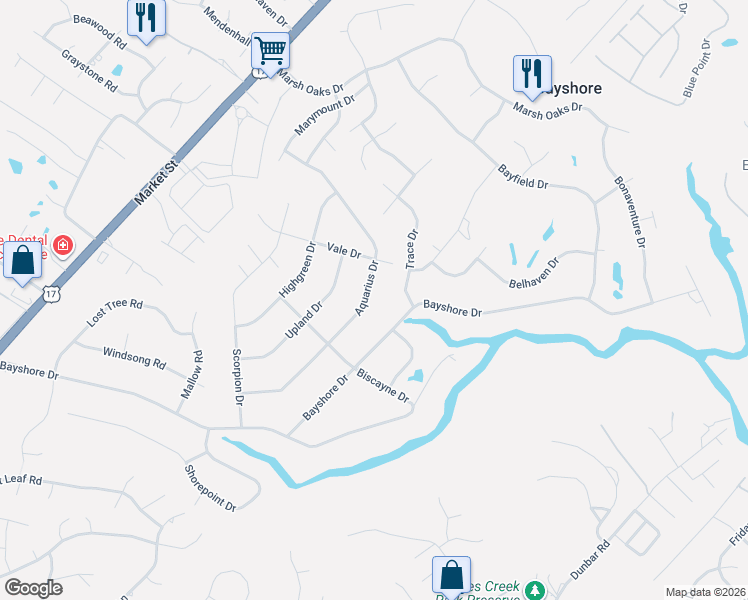 map of restaurants, bars, coffee shops, grocery stores, and more near 533-537 Aquarius Drive in Wilmington