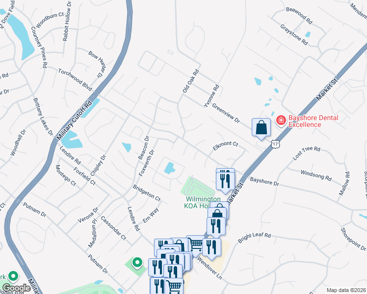 map of restaurants, bars, coffee shops, grocery stores, and more near 7509 Essary Place in Wilmington