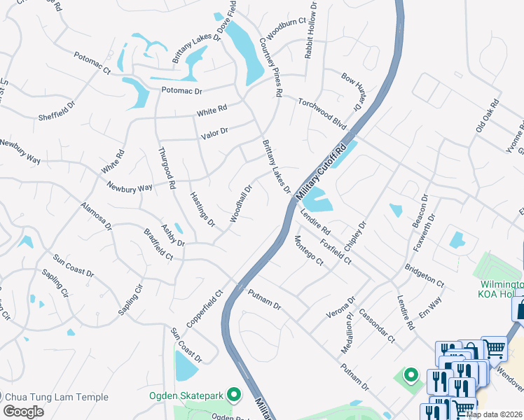 map of restaurants, bars, coffee shops, grocery stores, and more near 2720 Wooler Court in Wilmington