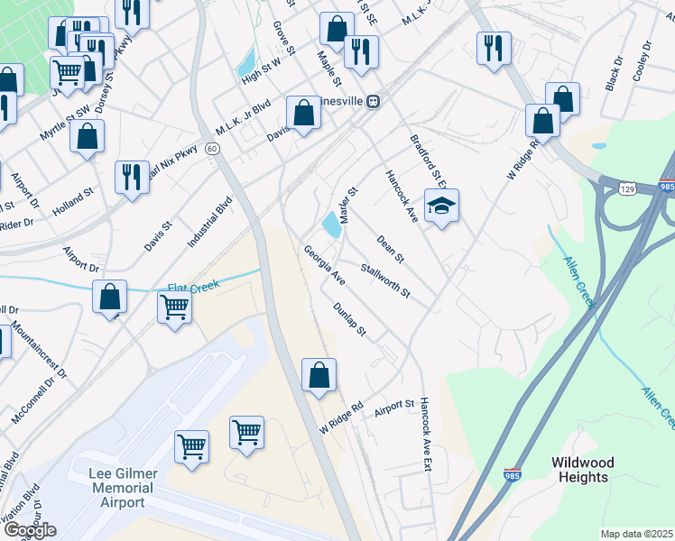 map of restaurants, bars, coffee shops, grocery stores, and more near 4 Marler Street in Gainesville