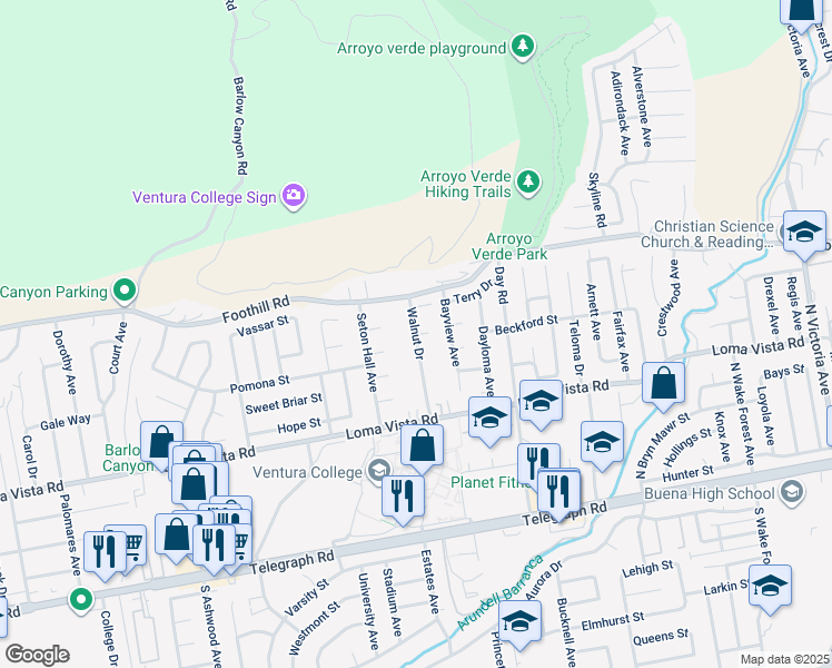 map of restaurants, bars, coffee shops, grocery stores, and more near 353 Walnut Drive in Ventura