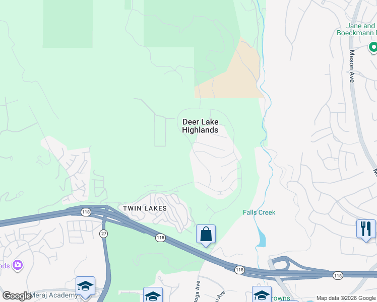map of restaurants, bars, coffee shops, grocery stores, and more near 11651 Deerlake Ranch Road in Los Angeles County