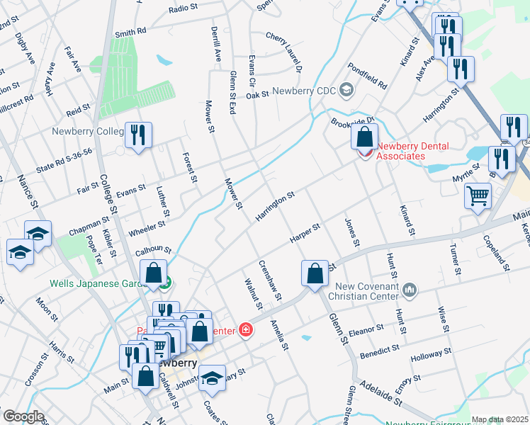 map of restaurants, bars, coffee shops, grocery stores, and more near Harrington Street in Newberry