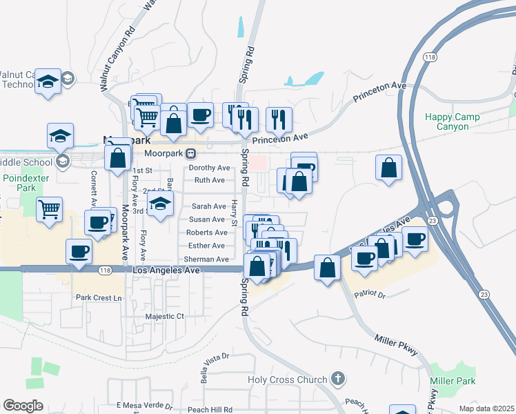 map of restaurants, bars, coffee shops, grocery stores, and more near 554 Flinn Avenue in Moorpark
