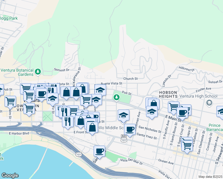 map of restaurants, bars, coffee shops, grocery stores, and more near 1258 Poli Street in Ventura