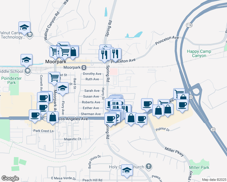 map of restaurants, bars, coffee shops, grocery stores, and more near 554 Flinn Avenue in Moorpark