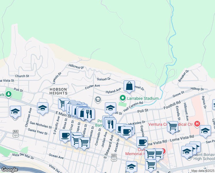 map of restaurants, bars, coffee shops, grocery stores, and more near 2192 Foster Avenue in Ventura
