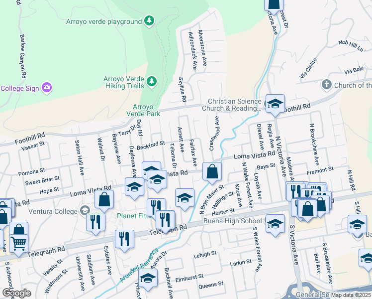 map of restaurants, bars, coffee shops, grocery stores, and more near 290 Fairfax Avenue in Ventura