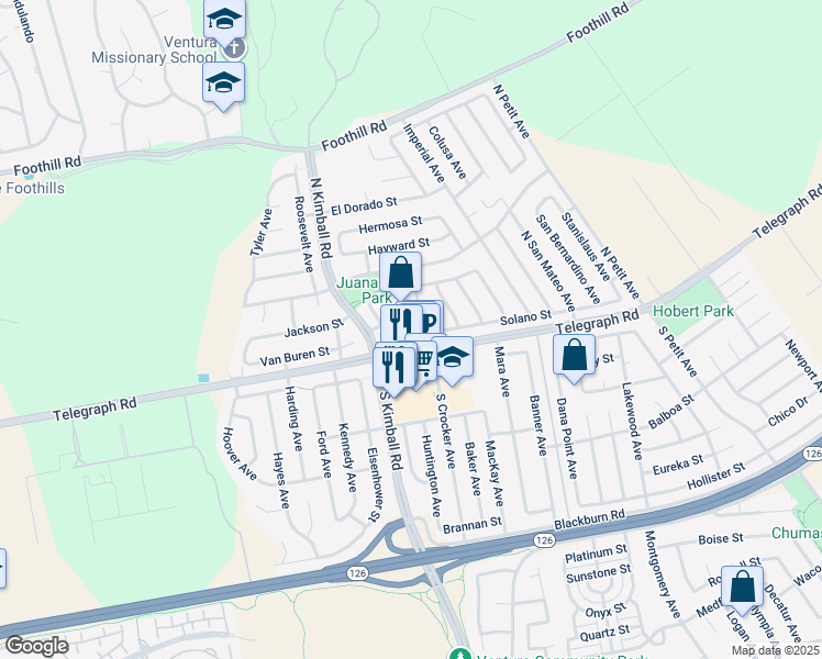 map of restaurants, bars, coffee shops, grocery stores, and more near 7829 Barstow Street in Ventura