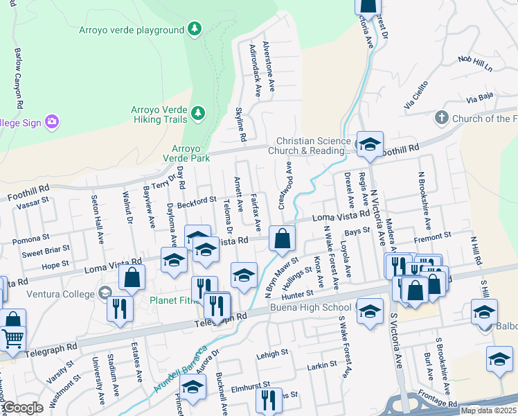 map of restaurants, bars, coffee shops, grocery stores, and more near 270 Fairfax Avenue in Ventura
