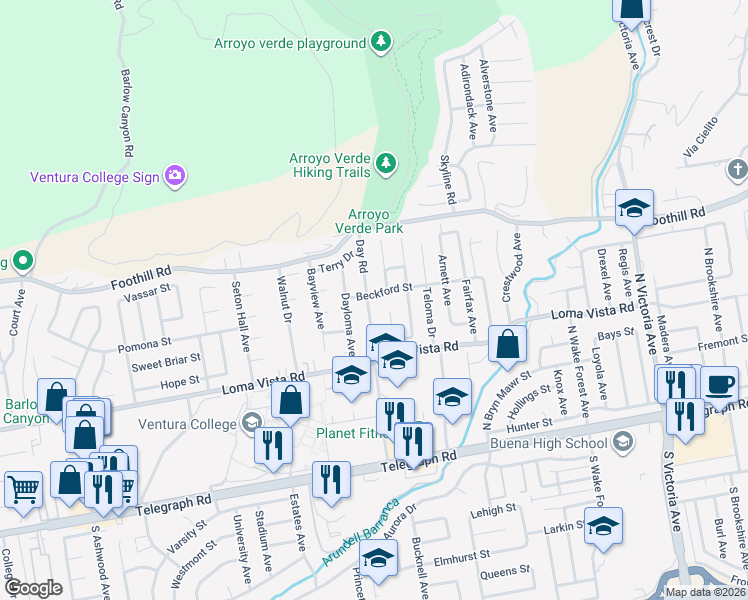 map of restaurants, bars, coffee shops, grocery stores, and more near 398 Day Road in Ventura