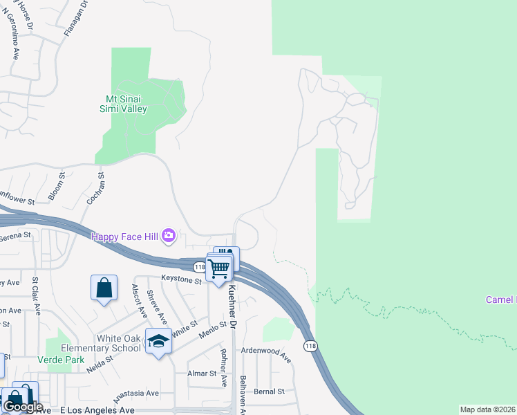 map of restaurants, bars, coffee shops, grocery stores, and more near 2954 Kuehner Drive in Simi Valley