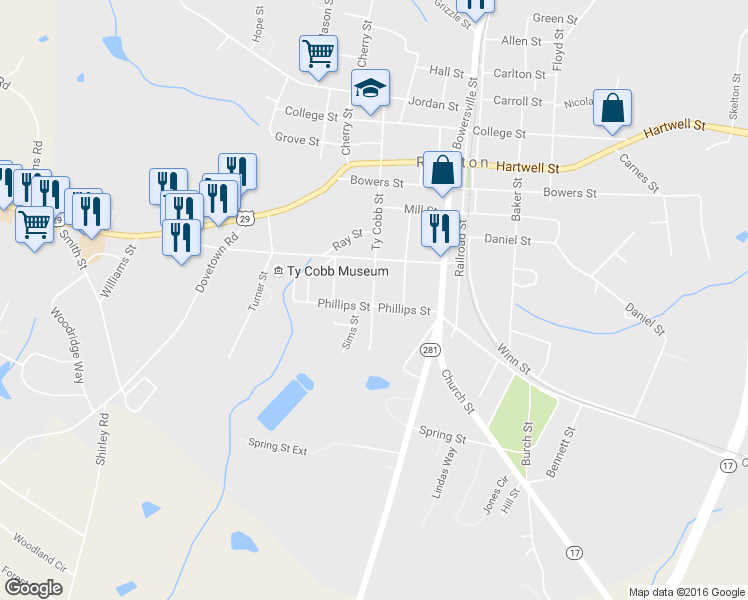 map of restaurants, bars, coffee shops, grocery stores, and more near 505 Ty Cobb Street in Royston
