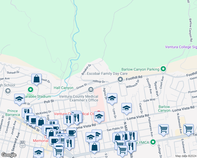 map of restaurants, bars, coffee shops, grocery stores, and more near 3263 Hilltop Drive in Ventura