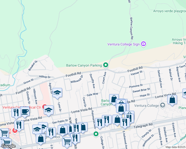 map of restaurants, bars, coffee shops, grocery stores, and more near 451 Strong Court in Ventura