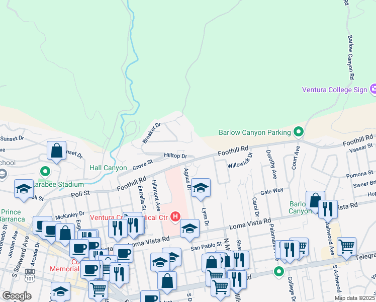 map of restaurants, bars, coffee shops, grocery stores, and more near 3333 Hilltop Drive in Ventura